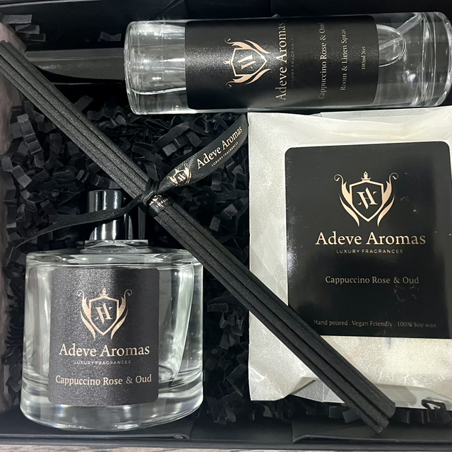 Cappuccino Rose &amp; Oud Luxury Home Fragrance Gift Set with Reed Diffuser, Room Spray &amp; Wax Melt