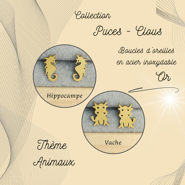 Clous d&#039;oreilles - Thème Animaux - Acier Or