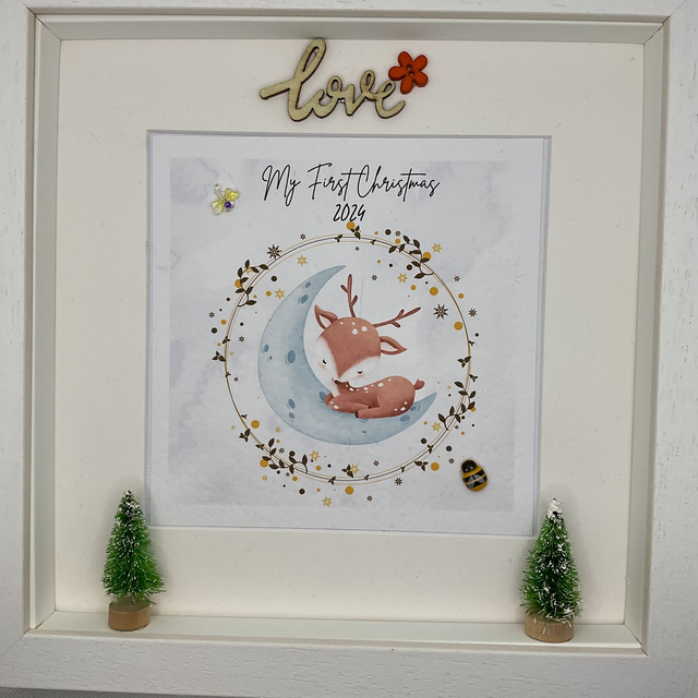 Personalised First Christmas frame and album set. Reindeer design.