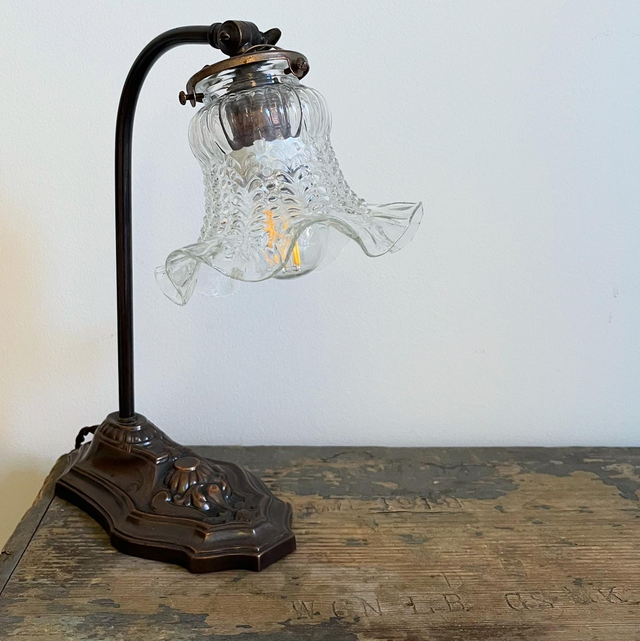 Art Nouveau Period Adjustable Table Lamp With Ribbed Glass Shade