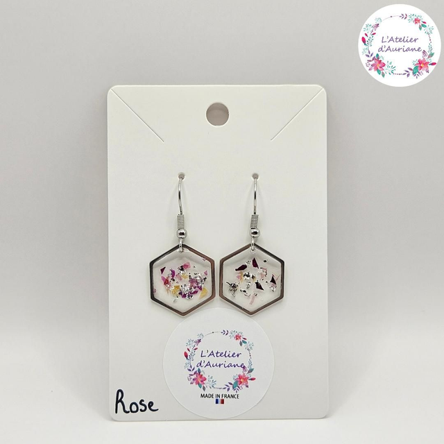 Boucles d'oreilles "Rose & feuilles d'argent" argentées