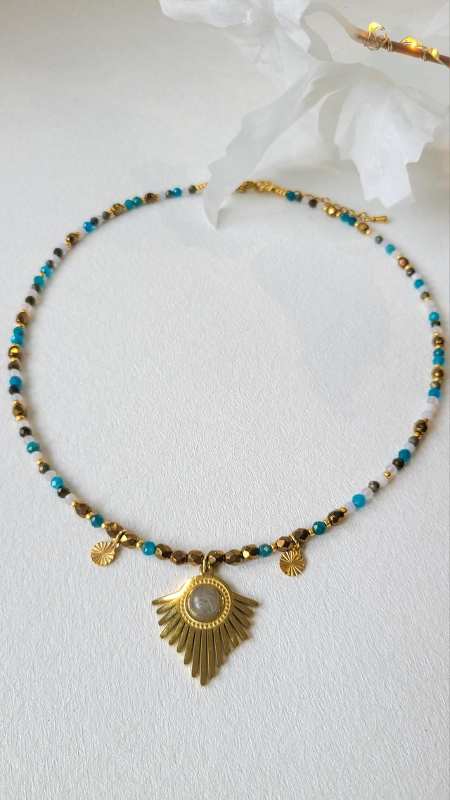 Collier Apatite • Œil de Faucon • Pyrite • Quartz Rose • Pierre de Lune • Labradorite – Harmonie & Clarté