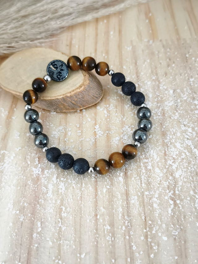 Bracelet "Force intérieure" Oeil de tigre, Pierre de lave et Hématite