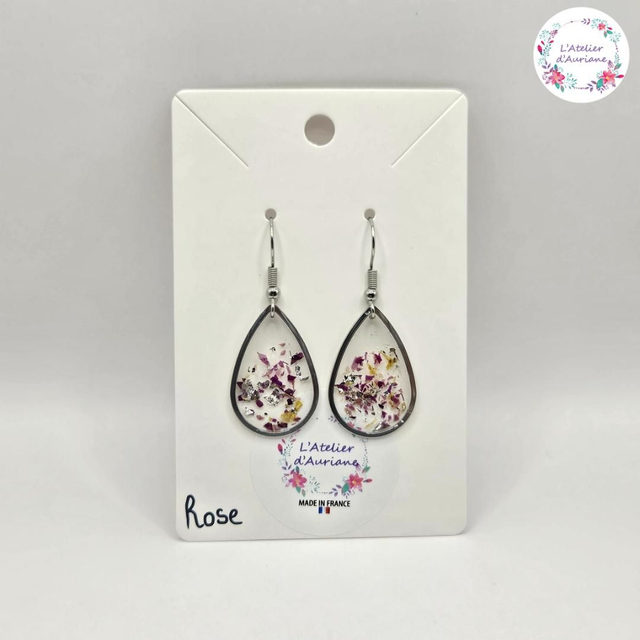 Boucles d'oreilles "Rose et feuilles argentée" argentée
