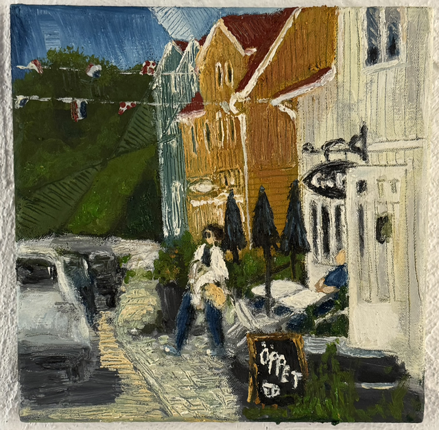 Gemälde „Cafe mit junger Frau“ Schweden 20x20cm