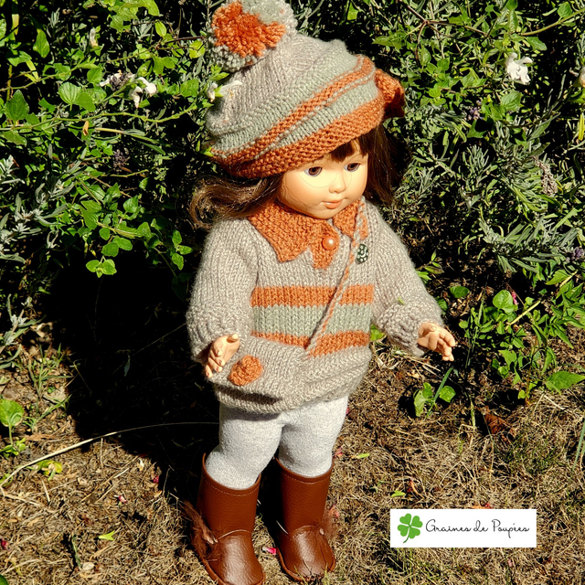 Ensemble pull, bonnet et petit sac pour poupée de 38 à 42 cm