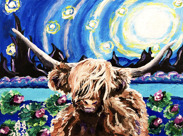 X4 Prints - Starry Night, Highland Coo 8"x10" (£7.50 per unit)