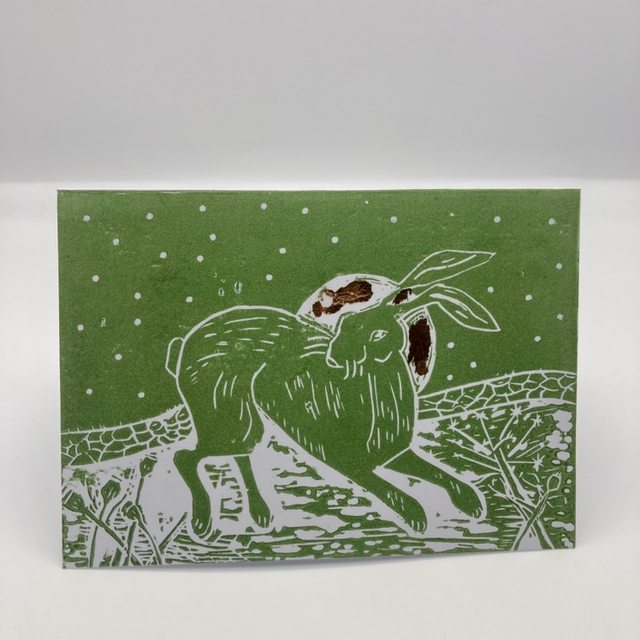 Handprinted Running Hare Card - 17.5 x 12.5 cm