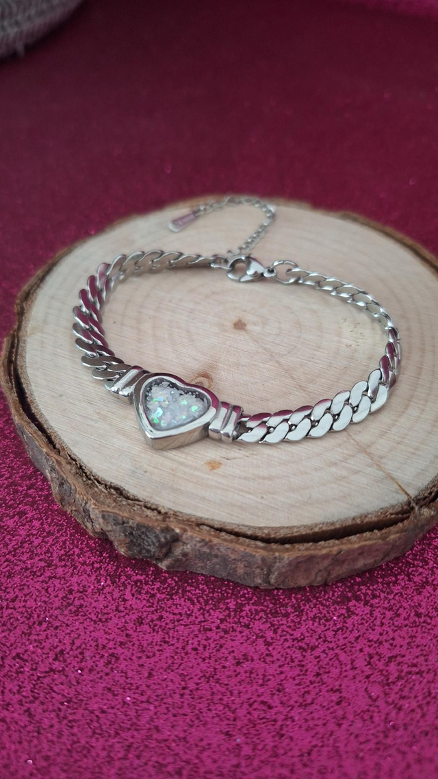 Bracelet argenté gros maillons cœur paillettes blanches Holographiques 