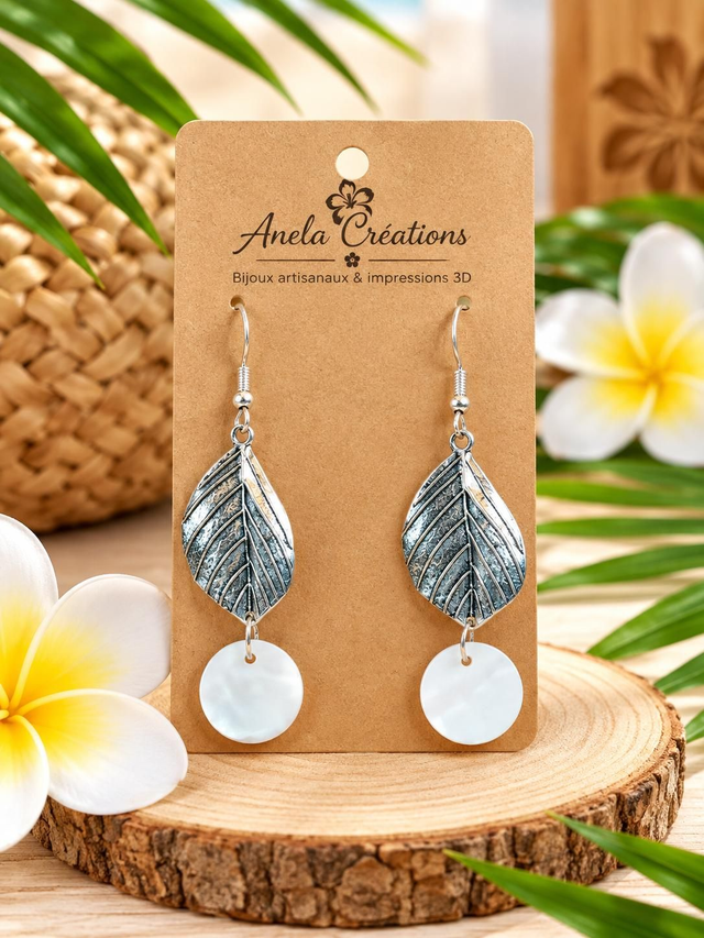 Boucles d'oreilles feuilles et nacre 