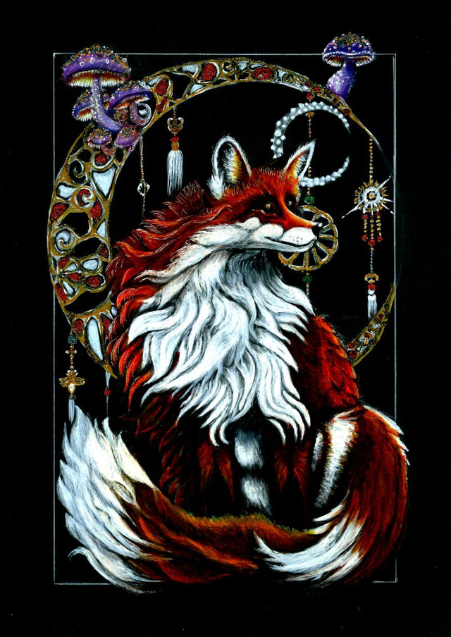 The Whimsical Fox Amidst Colorful Mushrooms and Celestial Ornaments