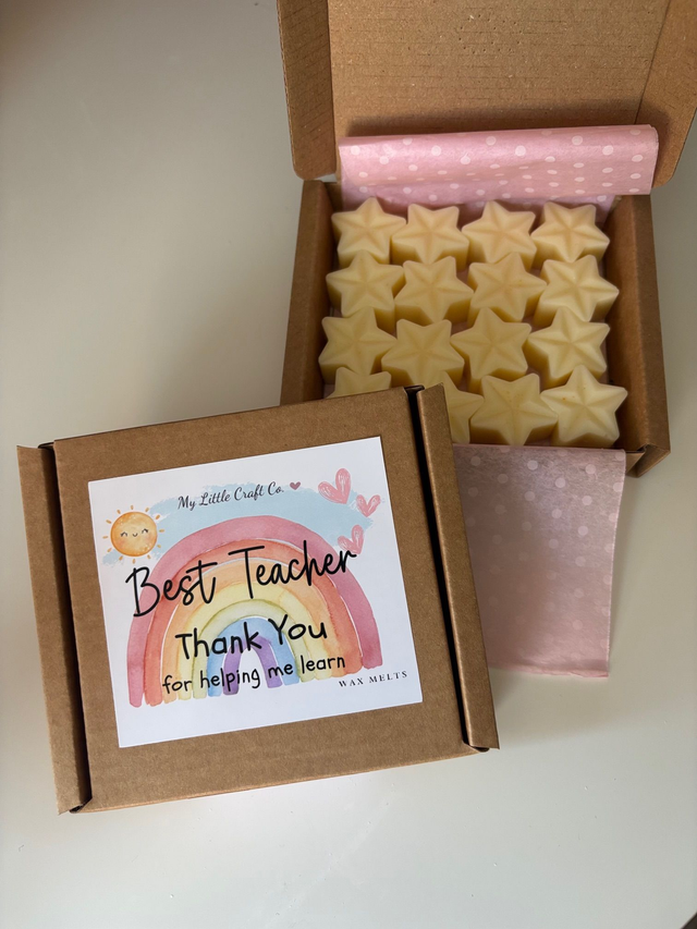 Thank you Teacher, Assistant, Nursery, end of Term Gift, Box of 16 Star shaped highly scented soy Wax Melts, choice of label