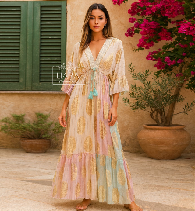 Pastell Maxi Traum Kleid mit Gold Elementen Onesize