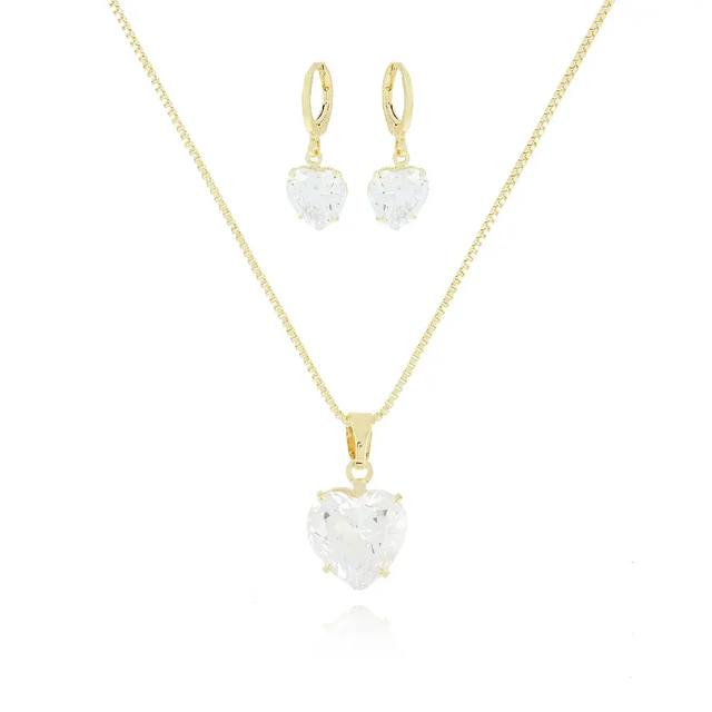 Conjunto Coração em Pedras Cristal - Ouro
