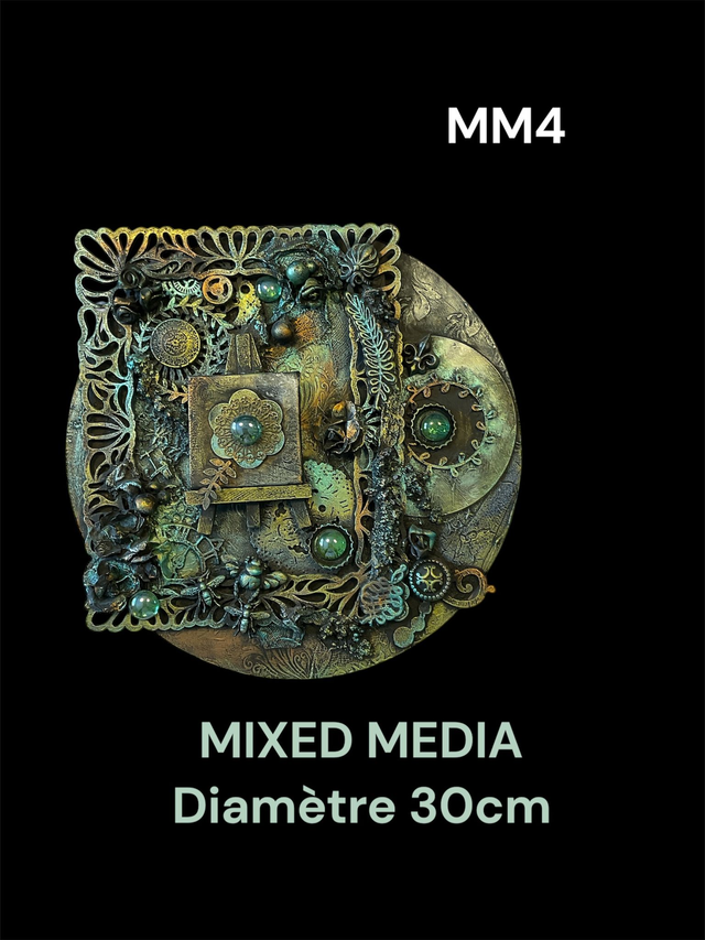 MM4   tableau support bois diamètre 30cm ,mixed media