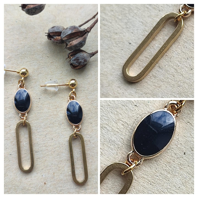 Boucles d&#039;oreilles email noir, acier inoxydable doré -sans nickel, pièce unique 