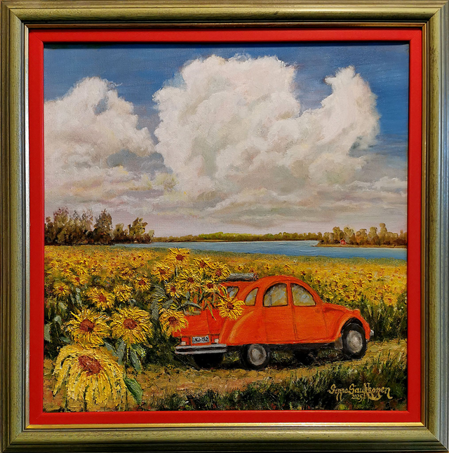 Citroën 2cv "Rättisitikka" auringonkukkapellossa (50x50cm)