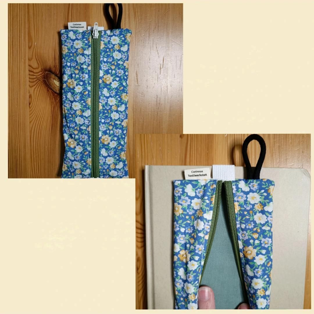 Stiftemäppchen/Etui mit Reißverschluss, 8×19cm, Gummiband zum Befestigen an z.B. Kalender, Schlaufe zum Aufhängen, Blumen