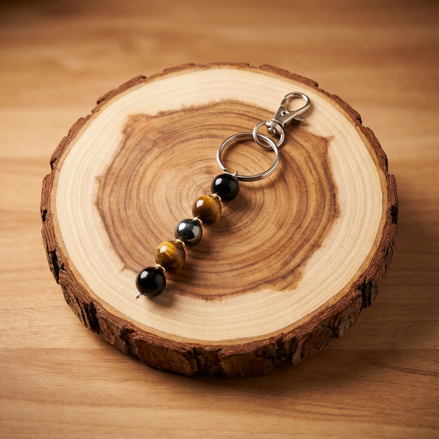 Porte-clé "Protection" en Pierres Naturelles – Obsidienne, Hématite et Œil de Tigre