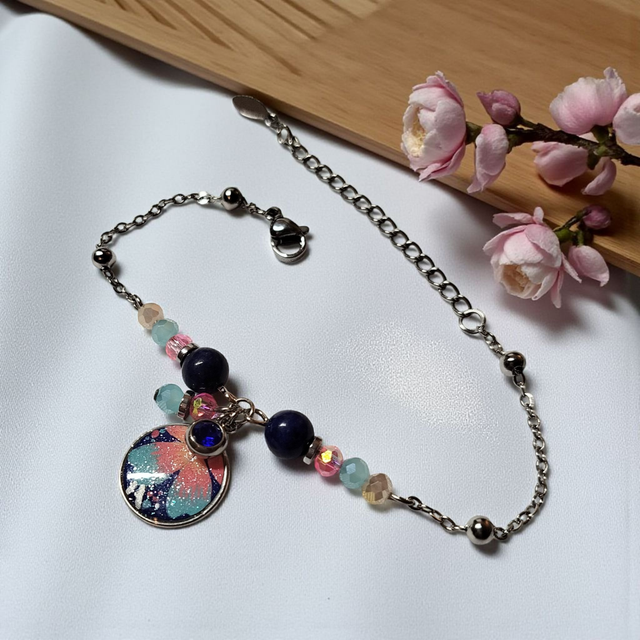bracelet acier inoxydable motifs japonais bleu rose et argenté