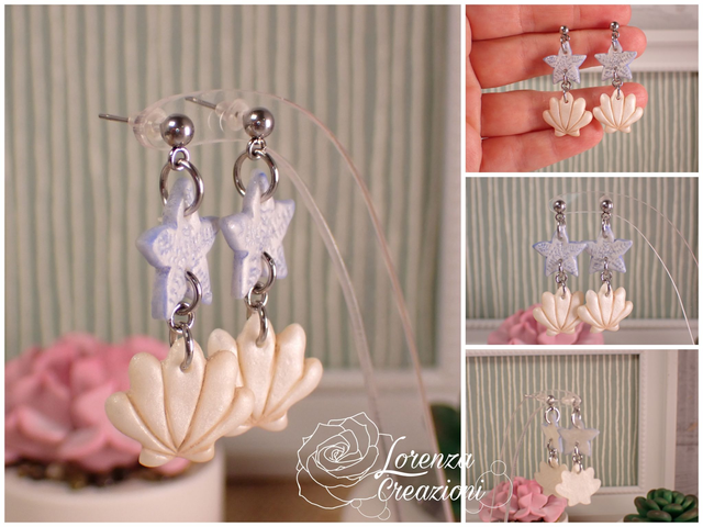 Orecchini a tema marino con conchiglie e stelle marine, azzurro e bianco perla