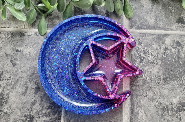 Trinket Tray - Celestial Moon & Star Dish - Blue & Pink