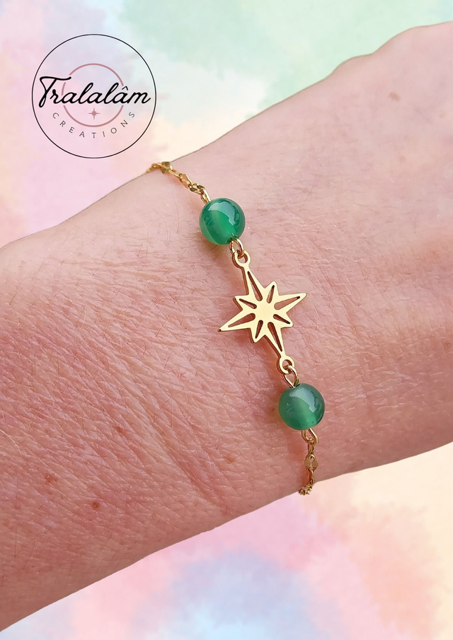 ✨Bracelet &quot;chaîne fine dorée MA BONNE ÉTOILE et perles agates vertes&quot;✨(57BRA)