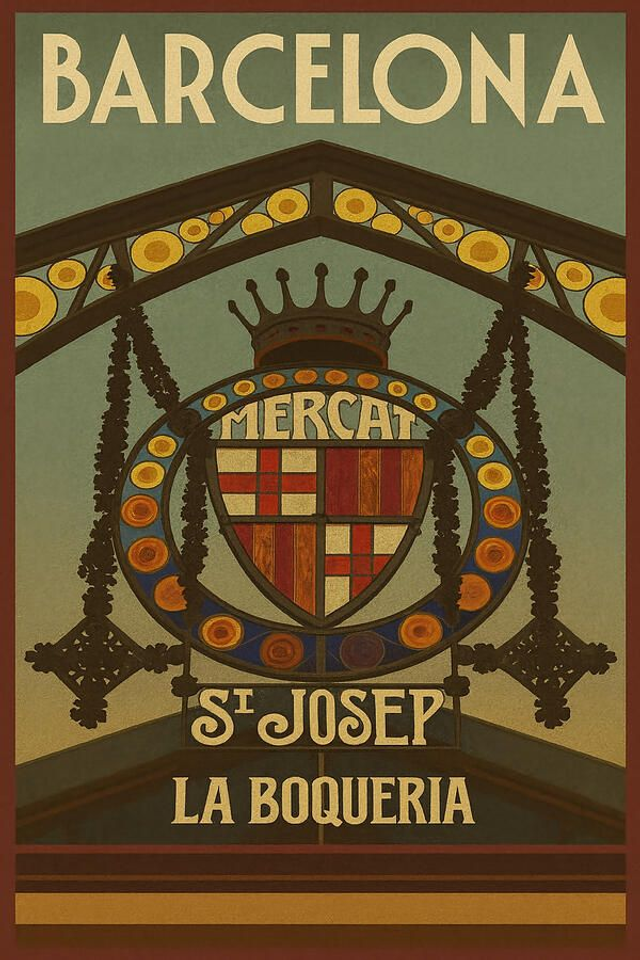 Cartel de viaje vintage de entrada al Mercado de la Boquería de Barcelona