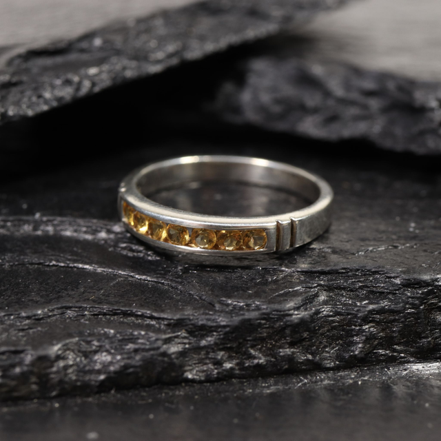 Sterling Silver 925 Minimalist Design Eternity Style Small Round Cut Yellow Citrine Birthstone Gemstone Band Ring Size O - 7