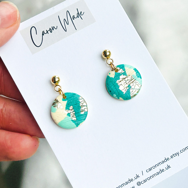 Small green and gold terazzo style earrings