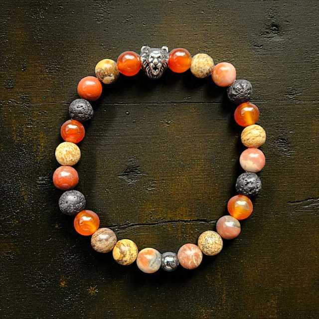 Bracelet Homme "Force &amp; Courage" : Cornaline, Jaspe Rouge, Pierre de Lave &amp; Jaspe Paysage
