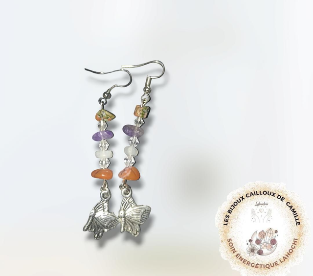 Boucles d'oreilles féminin sacré en Unakite, pierre de lune, cornaline &amp; améthyste 