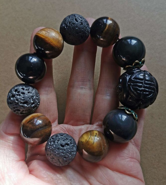 Bracelet en Obsidienne XXL (dont pierre sculptée) Oeil de tigre et Pierre de lave - 18/24mm 