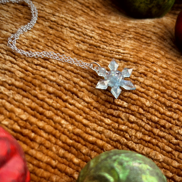 Snowflake Necklace Dainty - Light Blue and Silver