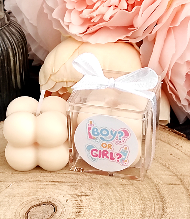 Bougie cube bubble cadeau invités baby shower / gender reveal 