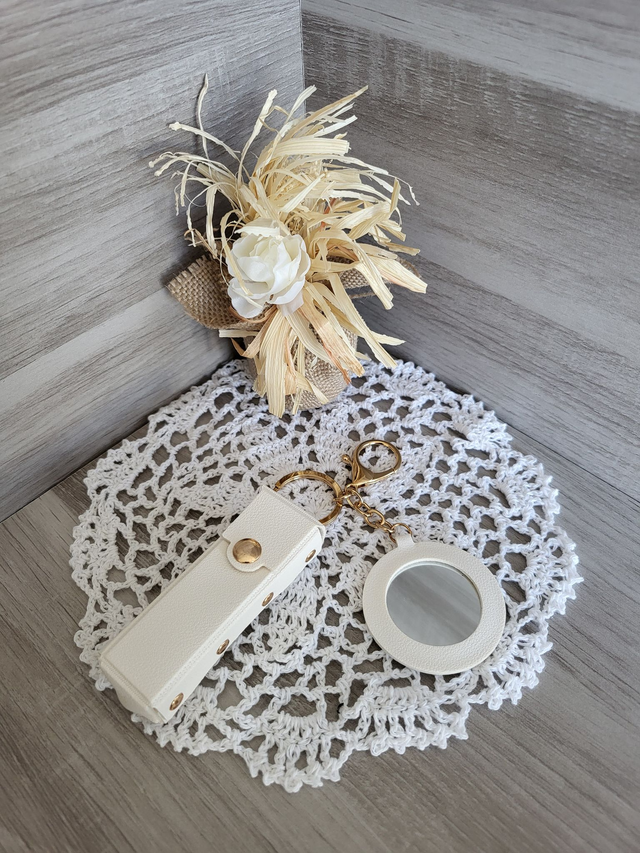 Porte-clef porte rouge à lèvre avec miroir (beige miroir rond)