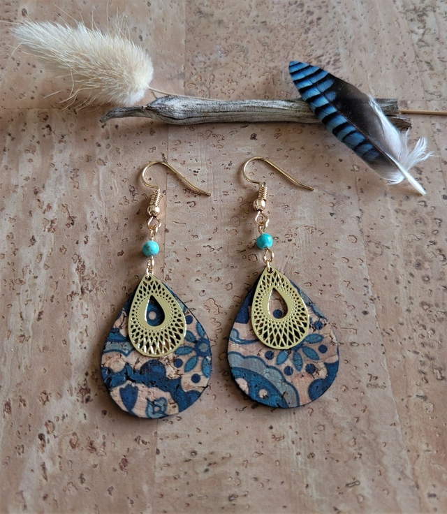 Boucles d'oreilles en liège et turquoise ༄