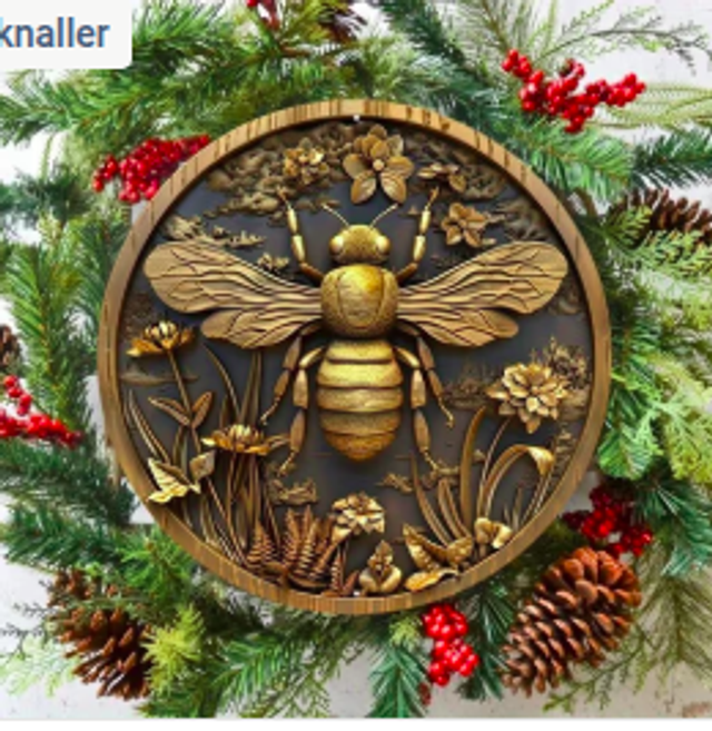 Wanddecoratie metalen bord Bijenpatroon Goud (20cm diameter)