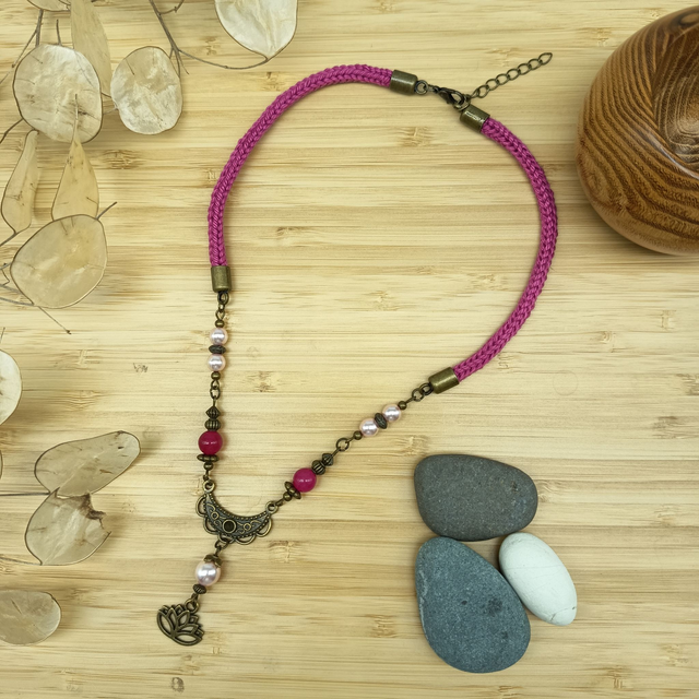 Parure fuchsia et bronze - Collier ras de cou Fleur de Lotus