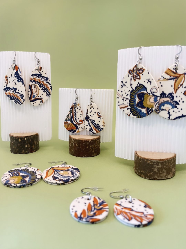 Boucles d'oreilles carton et tissu imprimé forme triangulaire, collection « kashemire » - tons blanc, bleu et orangé