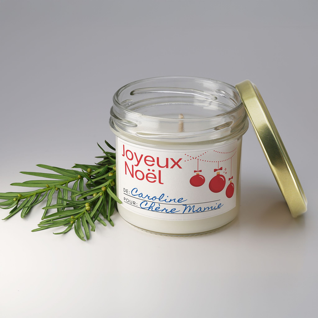 Bougie artisanale parfumée en cire de soja avec étiquette personnalisée - Cadeau pour Noël, Nouvel An, Fêtes de fin d&#039;année, 100g (CJN32)