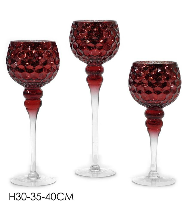PORTA CANDELE SET TRE CALICI VETRO MARTELLATO ROSSO