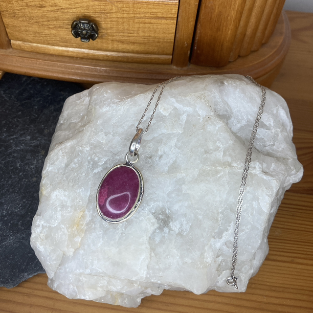 Natural Ruby Cabochon Pendant on Vintage Sterling Silver Twist Chain