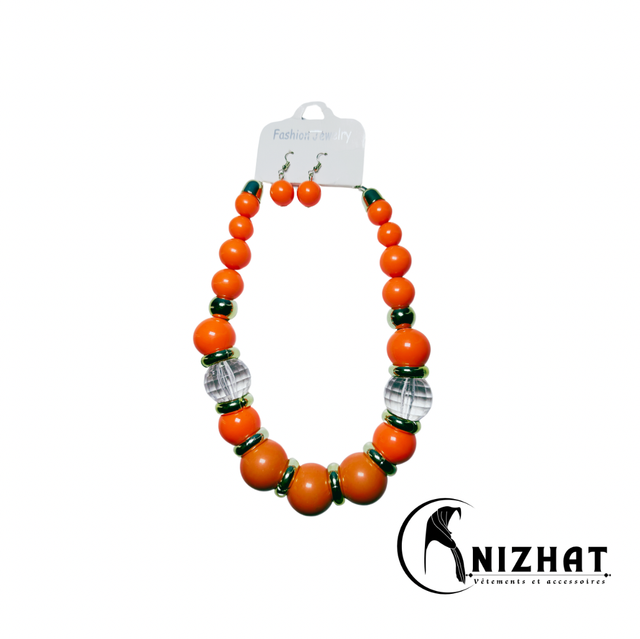 Ensemble collier de perles + boucles d'oreilles orange pour femme