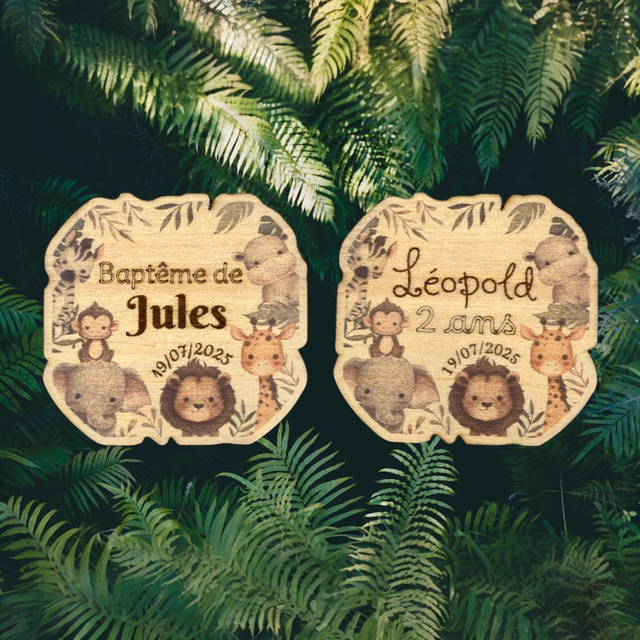 Magnets en bois baptême ou anniversaire thèmes savane, jungle, safari