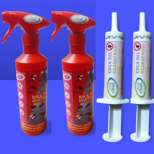 Kit 2 Pz. Esca Gel Scarafaggi 2 siringhe da 10g l'una più 2 Pz. Spray Multi insetto 400ml l'uno Pronto Uso