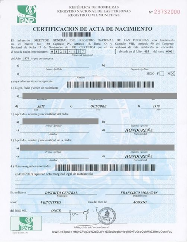 Acte de Naissance (Honduras)