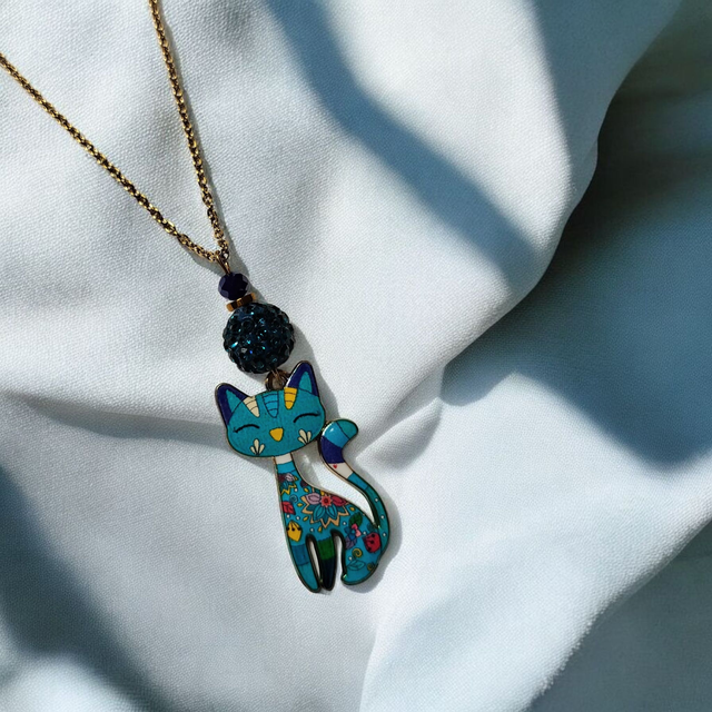 Collier acier inoxydable et cristal vert canard et bleu chat