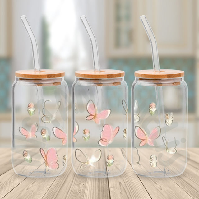 Canette en verre - Papillon Rose et Doré