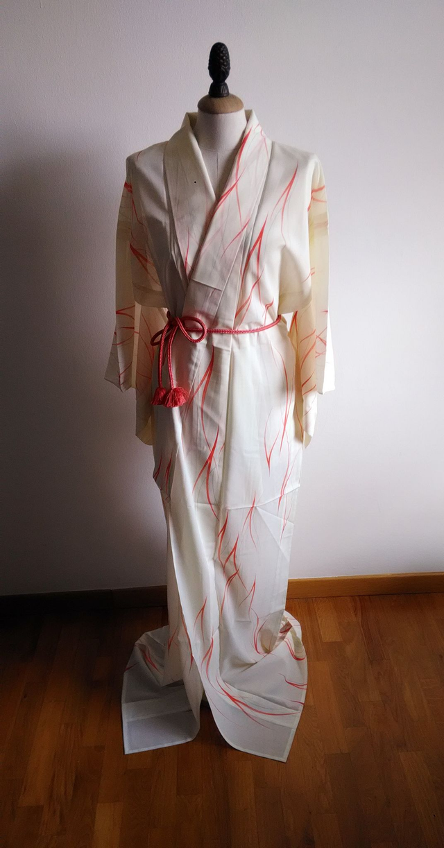 Cream Colour Vintage Japanese Kimono, Leaf Pattern Lightweight Kawaii Polyester Jacket Coat and Vintage Japanese Obijime Belt